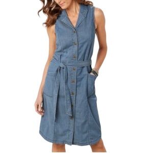 Soft Surroundings High Point Sleeveless Denim Shirt Dress Tie Waist Pockets